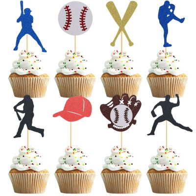 UXYOKM 24Pcs Baseball Cupcake Toppers Glitter Baseball Players Cupcake Picks Baby Shower Kids Birthday Sport Theme Party Cake Decorations Supplies