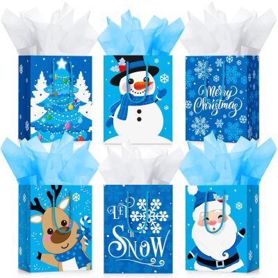 Cholemy 16 Pcs Medium Thick Christmas Gift Bags with Tissue Paper Christmas Kraft Paper Goodie Bags with Handles for Xmas Gift Wrapping Holiday Party Supplies 10 x 8 x 4.4 Inch(Snowman)