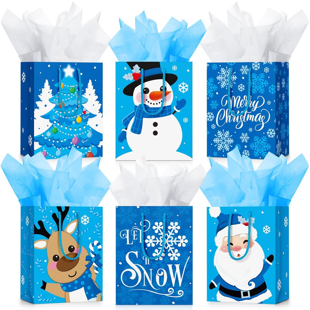 Cholemy 16 Pcs Medium Thick Christmas Gift Bags with Tissue Paper Christmas Kraft Paper Goodie Bags with Handles for Xmas Gift Wrapping Holiday Party Supplies 10 x 8 x 4.4 Inch(Snowman)