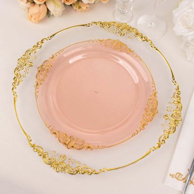 Tableclothsfactory 10 Pack | 10" Round Plastic Dinner Plates in Vintage Transparent Blush, Gold Leaf Embossed Baroque Disposable Plates
