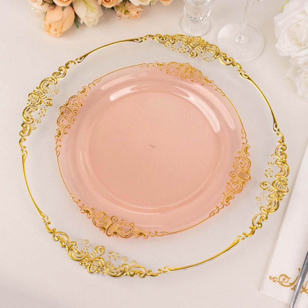 Tableclothsfactory 10 Pack | 10" Round Plastic Dinner Plates in Vintage Transparent Blush, Gold Leaf Embossed Baroque Disposable Plates