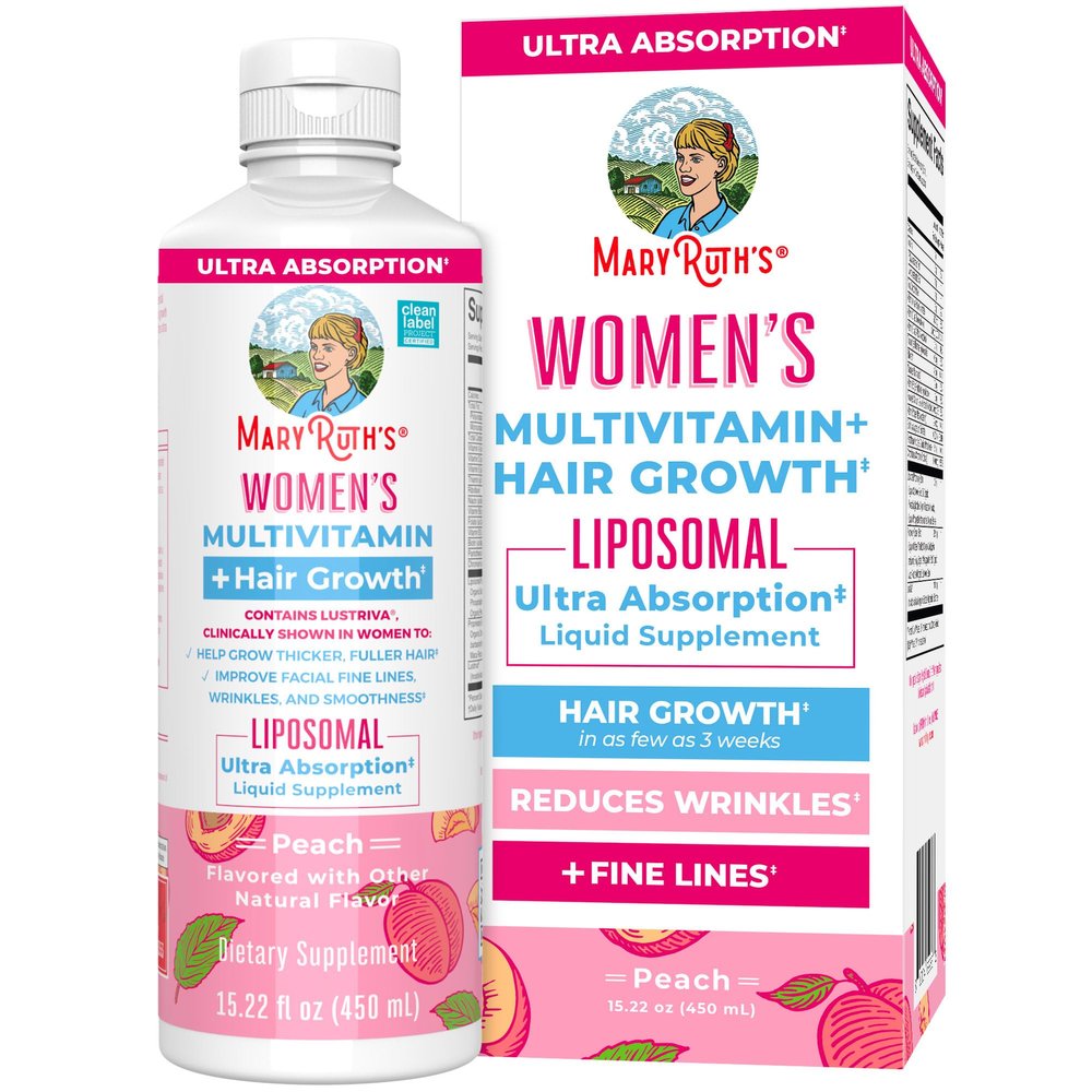 MaryRuth Organics Women's Multivitamin + Lustriva Hair Growth Liposomal | Biotin 10000mcg | Clinically Tested for Thicker, Fuller Hair, Improved Facial Fine Lines & Wrinkles | Ages 18+ | 15.22 Fl Oz