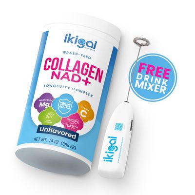 Ikigai Collagen with NAD+ (30 Servings) - Non-GMO, Gluten-Free, Paleo, Kosher - No Flavor, Includes Free Drink Mixer