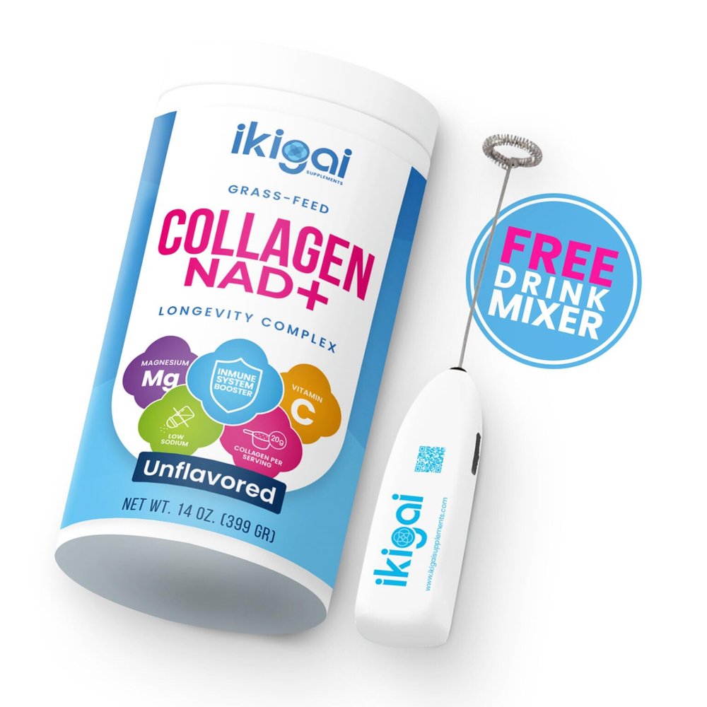 Ikigai Collagen with NAD+ (30 Servings) - Non-GMO, Gluten-Free, Paleo, Kosher - No Flavor, Includes Free Drink Mixer