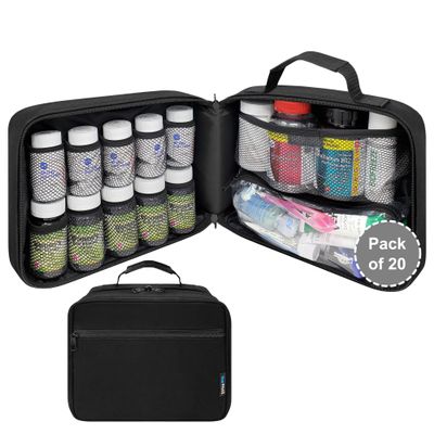 StarPlus2 - Pack of 20 - Large Padded Pill Bottle Organizer, Medicine Bag, Case, Carrier for Medications, Vitamins, and Medical Supplies with Fixed Pockets - Black (Without Lock)
