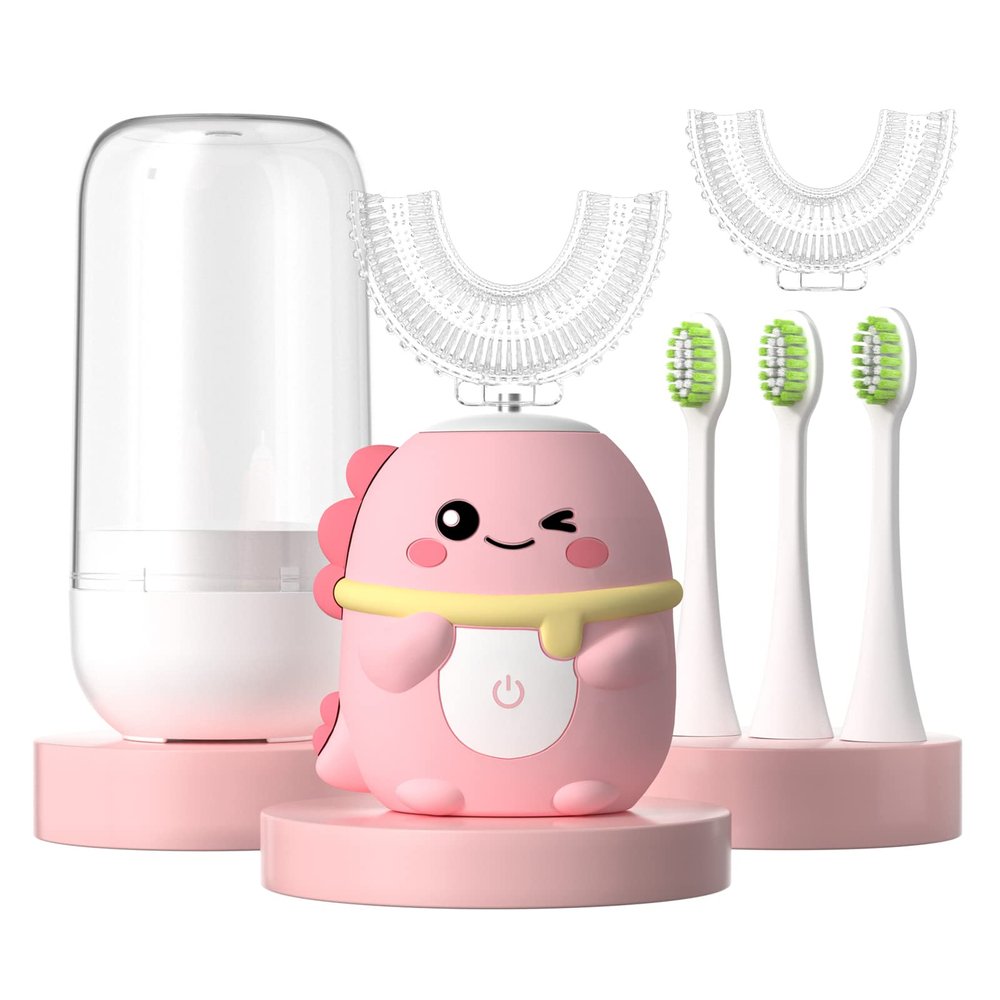JIANLEJIA Kids Electric Toothbrush U Shaped Toddler Auto Sonic Toothbrushes with 5 Brush Head,Cartoon Dinosaur Ultrasonic Toothbrushes for Children 2-12 Years,360 Full Mouth Cleaning Automatic