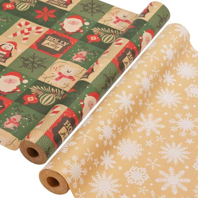 AhfuLife 2 Rolls Christmas Wrapping Paper - 17 Inch  49.2 Feet Per Roll, Recyclable Snowflake Kraft Xmas Wrapping Paper Roll for Christmas Gift Box Birthday Party Decoration -138 sq. ft. ttl