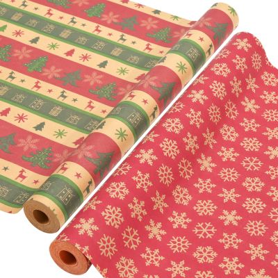 AhfuLife 2 Rolls Christmas Wrapping Paper - 17 Inch  49.2 Ft Per Roll, Recyclable Red Kraft Xmas Wrapping Paper for Christmas Gift Box Decoration