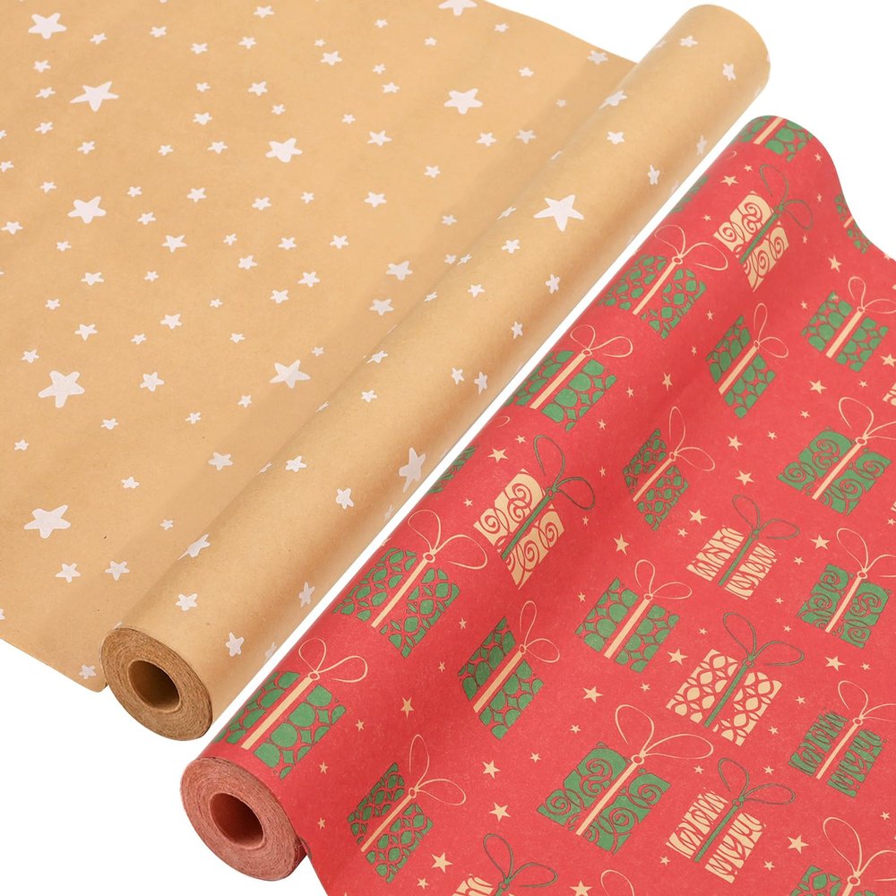AhfuLife 2 Rolls Christmas Wrapping Paper - 17 Inch  49.2 Feet Per Roll, Recyclable Stars Kraft Red Xmas Wrapping Paper Roll for Kids Christmas Gift Box Birthday Party Decoration
