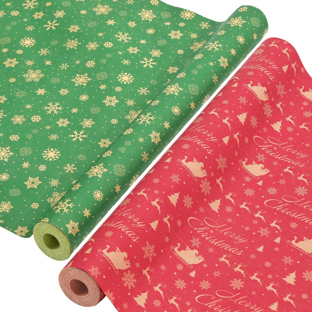 AhfuLife 2 Rolls Christmas Wrapping Paper - 17 Inch  49.2 Ft Per Roll, Recyclable Red Green Kraft Wrapping Paper for Christmas Gift Box Decoration