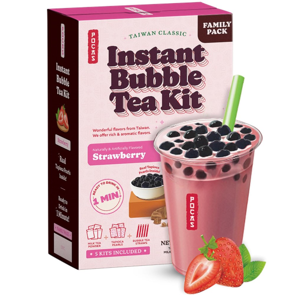 Pocas Bubble Tea Kit, Strawberry  Instant Milk Tea Powder with Authentic Tapioca Pearls for Instant Bubble Tea, 5 Kits