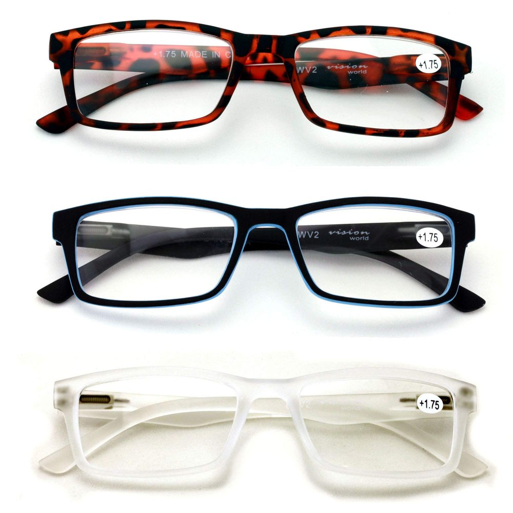 V.W.E. 3 Pairs Men Reading Glasses - Comfortable Soft Matte Finish Clear Len Readers - Spring Hinge (3 Pairs Assorted, 2.00)