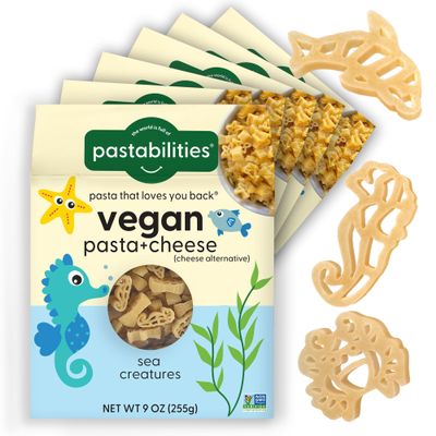 Pastabilities Vegan Mac and Cheese for Kids (& adults) - Under the Sea - Fun Shapes Sea Creatures, Family Size  Serves 4, Certified non GMO Pasta and Cheese Mix, Made in the USA, (6 Pack, 9 Oz)