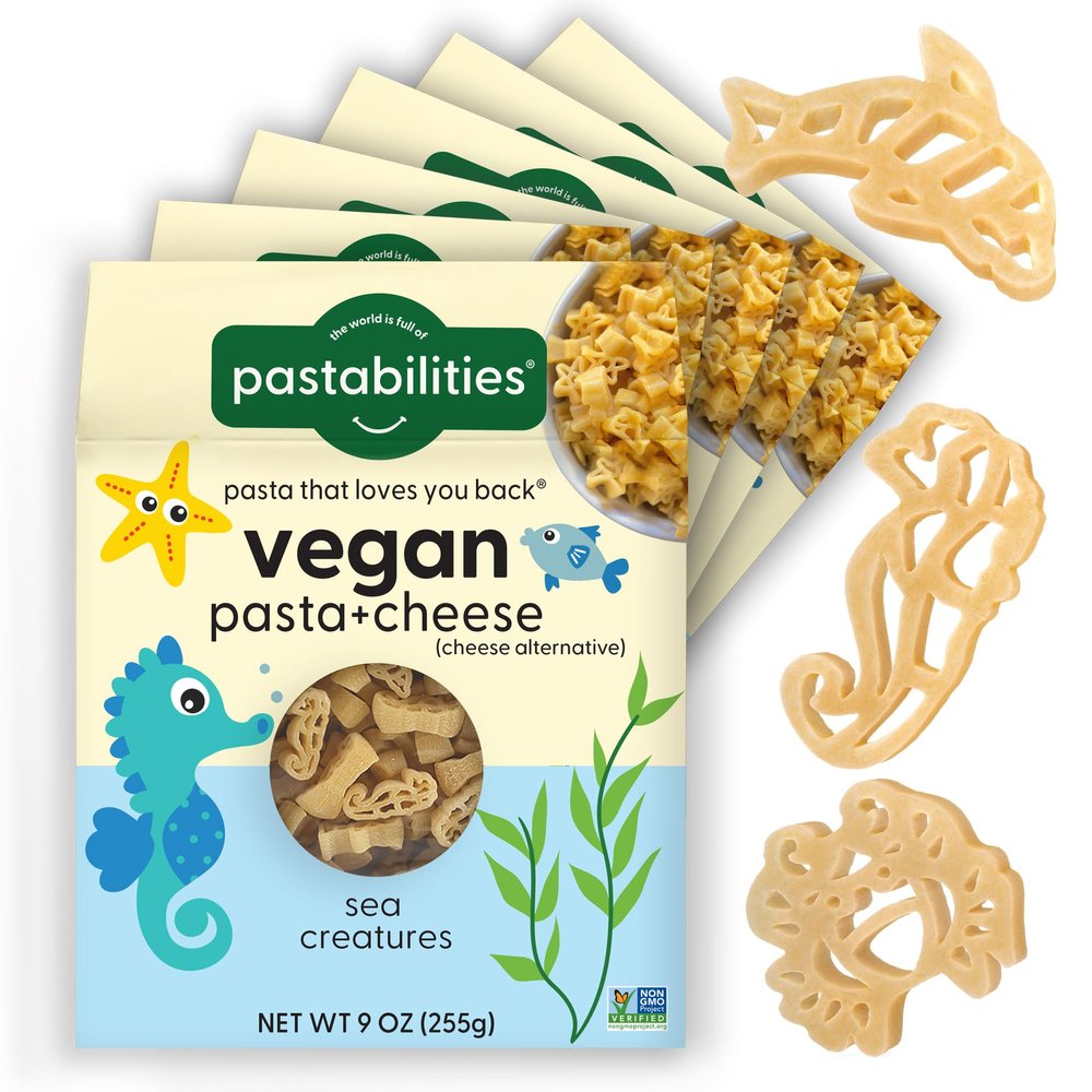 Pastabilities Vegan Mac and Cheese for Kids (& adults) - Under the Sea - Fun Shapes Sea Creatures, Family Size Serves 4, Certified non GMO Pasta and Cheese Mix, Made in the USA, (6 Pack, 9 Oz)