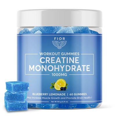 FIOR Creatine Gummy - Best Creatine Monohydrate Chewable, 60 Count, Workout & Protein Supplement, Cognitive Enhancement, Blueberry Lemonade Flavor, 30 Servings