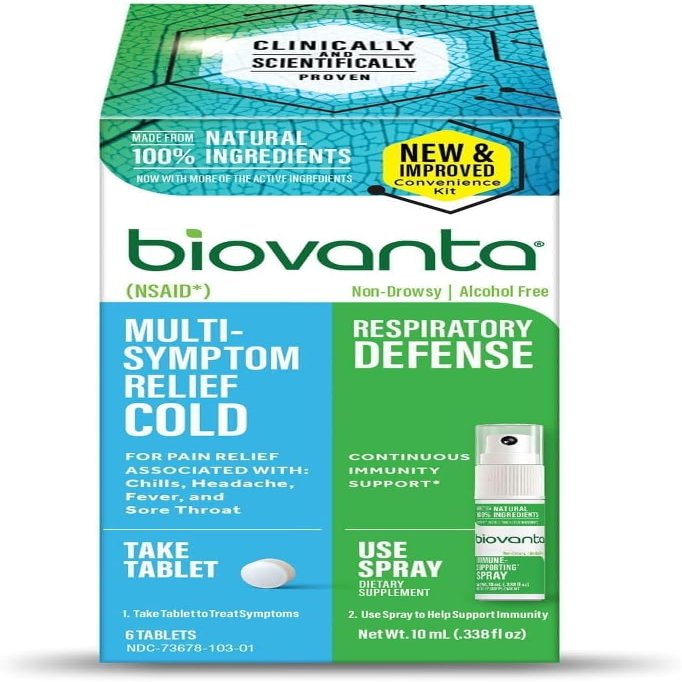 Biovanta Cold and Flu Relief Kit Plus Immune Support, Soothing Throat Spray, 10mL, 6 Plant-Based Aspirin Tablets, Multi-Symptom Sore Throat Relief