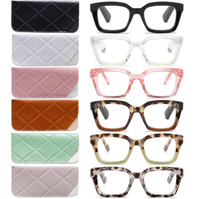 6 Pack Readers for Women Oprah Style Square Reading Glasses with Spring Hinge Blue Light Blocking for Men Ladies 6A +1.25