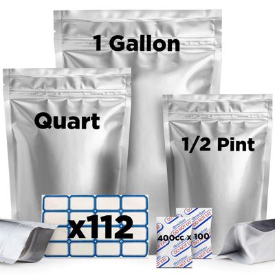 100 Pcs Thick Mylar Bags with Oxygen Absorbers - 3 Sizes (25x1 Gallon, 35x1 Quart, 40x1/2 Pint), Resealable Bags with 100 Oxygen Absorbers for Food Storage & 112 Labels, Sealable Smell Proof