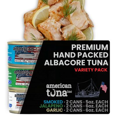 American Tuna Sushi-grade Pole Caught Albacore Tuna Variety Pack - Cooked Once, No Additives | 6 Cans (2x6oz Garlic, 2x6oz Jalapeno, 2x5oz Smoked w/Olive Oil) | Dolphin Safe, Ocean Caught