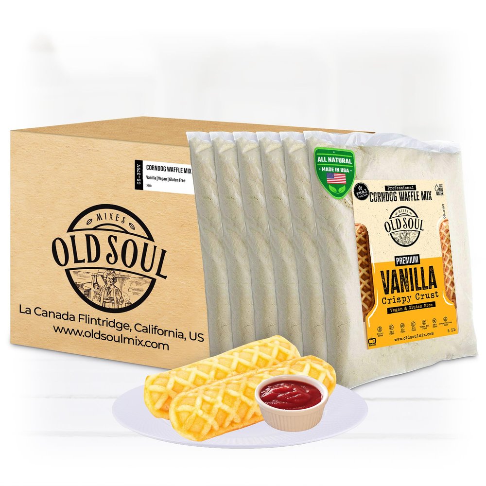 OldSoul Professional Corndog Waffle Mix | GLUTEN FREE & VEGAN | Vanilla Flavour | 30 Lbs | 840 Waffles (30 Lbs, Gluten Free & Vegan)