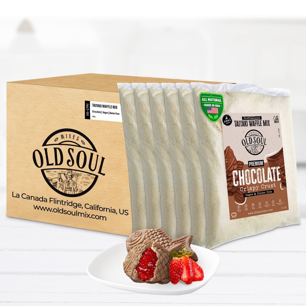 OldSoul Professional Taiyaki Waffle Mix | GLUTEN FREE & VEGAN | Crispy | Chocolate Flavor | 30 Lbs | 504 Waffles (30 Lbs, Gluten Free & Vegan)