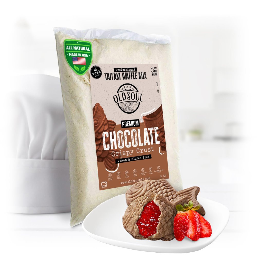 OldSoul Professional Taiyaki Waffle Mix | GLUTEN FREE & VEGAN | Crispy | Chocolate Flavor | 5 Lbs | 84 Waffles (5 Lbs, Gluten Free & Vegan)