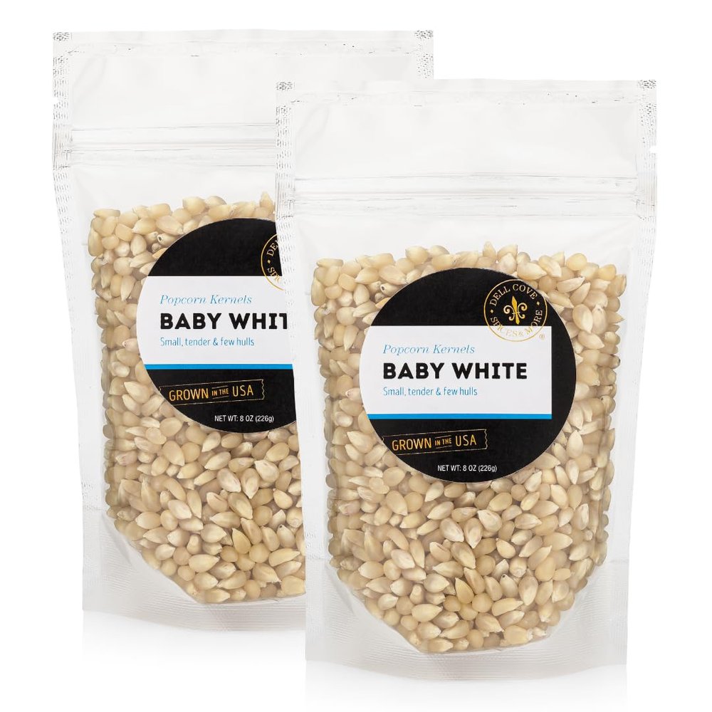 Baby White Gourmet Popcorn Kernels - Dell Cove Spices - Tender White Hulless Popcorn for Movie Nights - Excellent for Stovetop and Air Poppers, One Pound