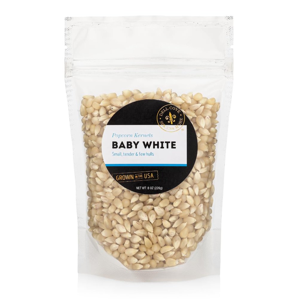 Baby White Gourmet Popcorn Kernels - Dell Cove Spices - Tender White Hulless Popcorn for Movie Nights - Excellent for Stovetop and Air Poppers, Half Pound