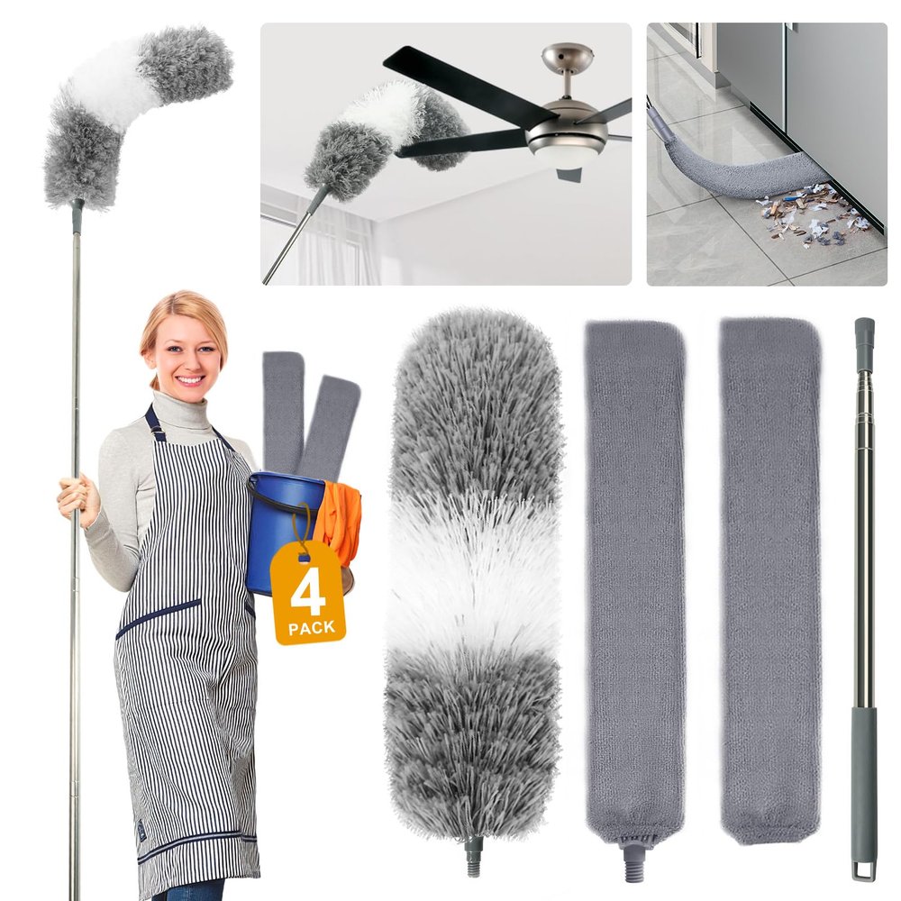 4 Pcs Dusters for Cleaning, 2 in 1 Microfiber Dusters and Retractable Gap Dust Cleaner with 1 Microfiber Dusting Cloths Long Handle 30-100 Inches Extension Pole for Ceiling Fan Cleaning Supplies
