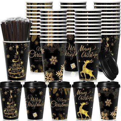 Uiifan 50 Pack 16 oz Christmas Coffee Cups Bulk Black Gold Snowflake Disposable Cups Merry Christmas Paper Cups with Lids Straws Elk Paper Drinking Cups for Kids Christmas Birthday Party Supplies