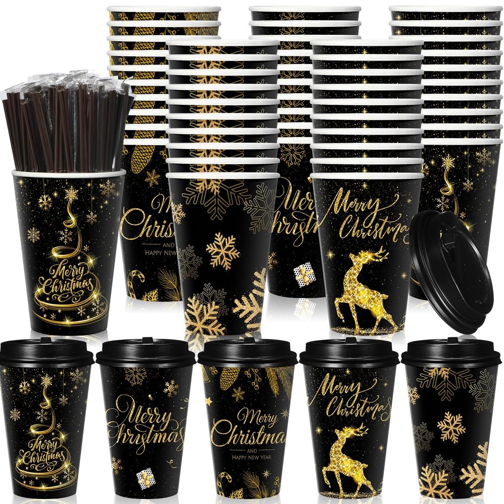 Uiifan 50 Pack 16 oz Christmas Coffee Cups Bulk Black Gold Snowflake Disposable Cups Merry Christmas Paper Cups with Lids Straws Elk Paper Drinking Cups for Kids Christmas Birthday Party Supplies