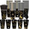 Uiifan 50 Pack 16 oz Christmas Coffee Cups Bulk Black Gold Snowflake Disposable Cups Merry Christmas Paper Cups with Lids Straws Elk Paper Drinking Cups for Kids Christmas Birthday Party Supplies view 1
