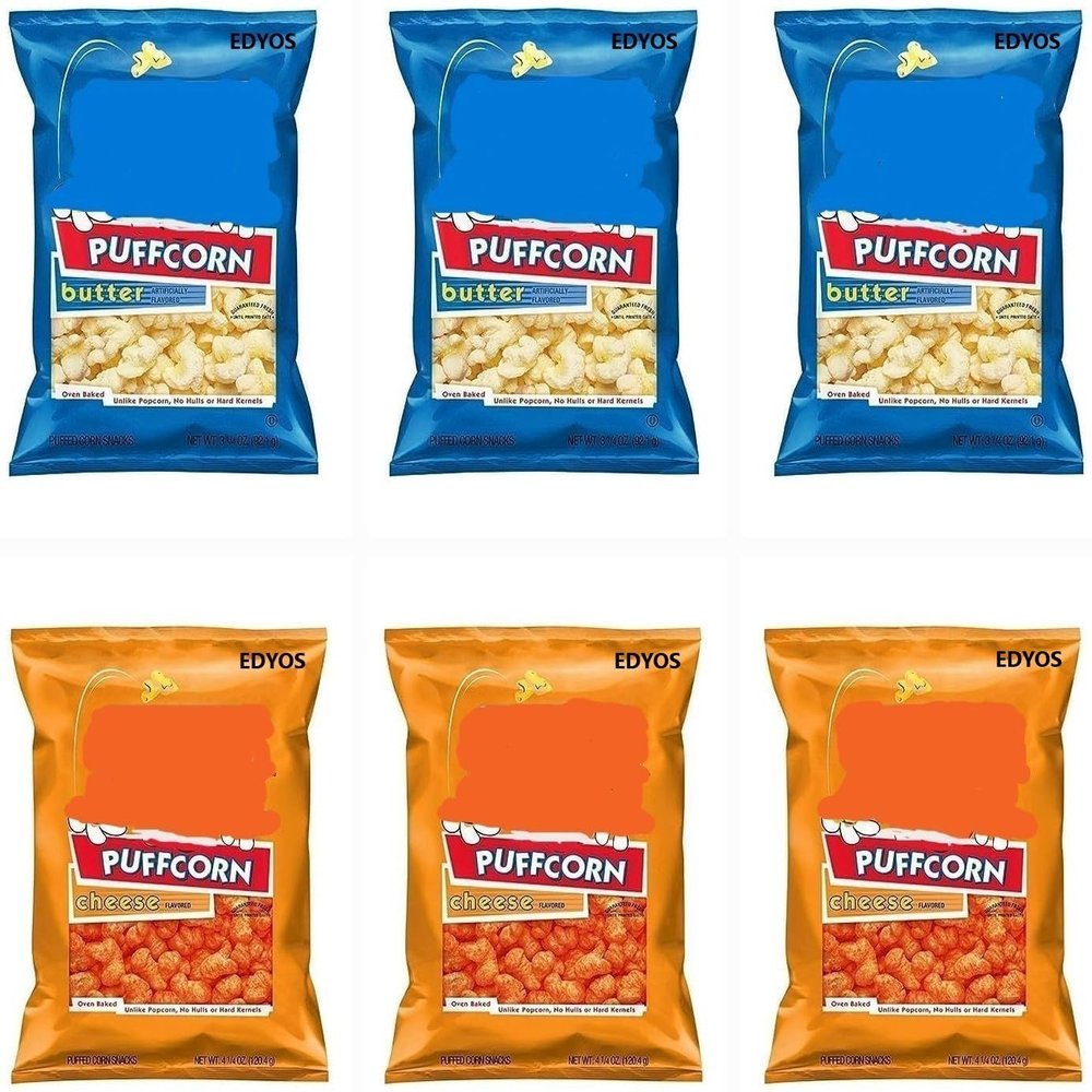 Puffcorn Variety 6 - Pack (3) Butter Flavor 3.25 oz. and (3) Cheese Flavor 4.25 oz.