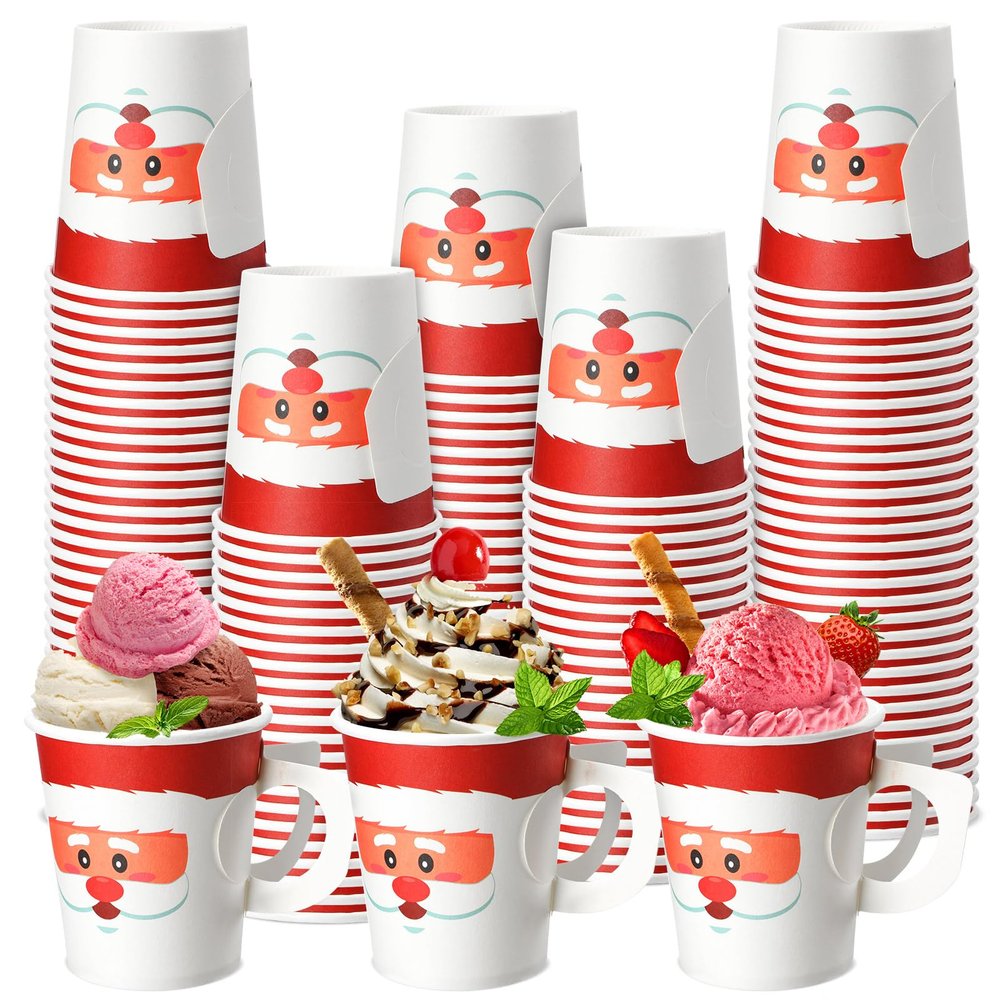 200 Pcs Christmas Disposable Paper Cups with Handle Lovely Santa 8 oz Christmas Disposable Coffee Cocoa Hot Chocolate Cups Drinkware Beverage Tea for Xmas Party Hot Chocolate Supplies Decoration