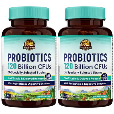 Vitalitown Probiotics 120 Billion CFUs | 36 Strains, with Prebiotics & Digestive Enzymes for Men Women | Shelf Stable | Digestive & Immune Support | Vegan | 60 Delayed Release Veg Caps