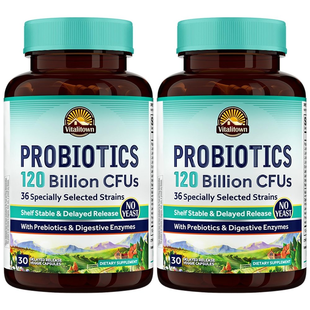 Vitalitown Probiotics 120 Billion CFUs | 36 Strains, with Prebiotics & Digestive Enzymes for Men Women | Shelf Stable | Digestive & Immune Support | Vegan | 60 Delayed Release Veg Caps