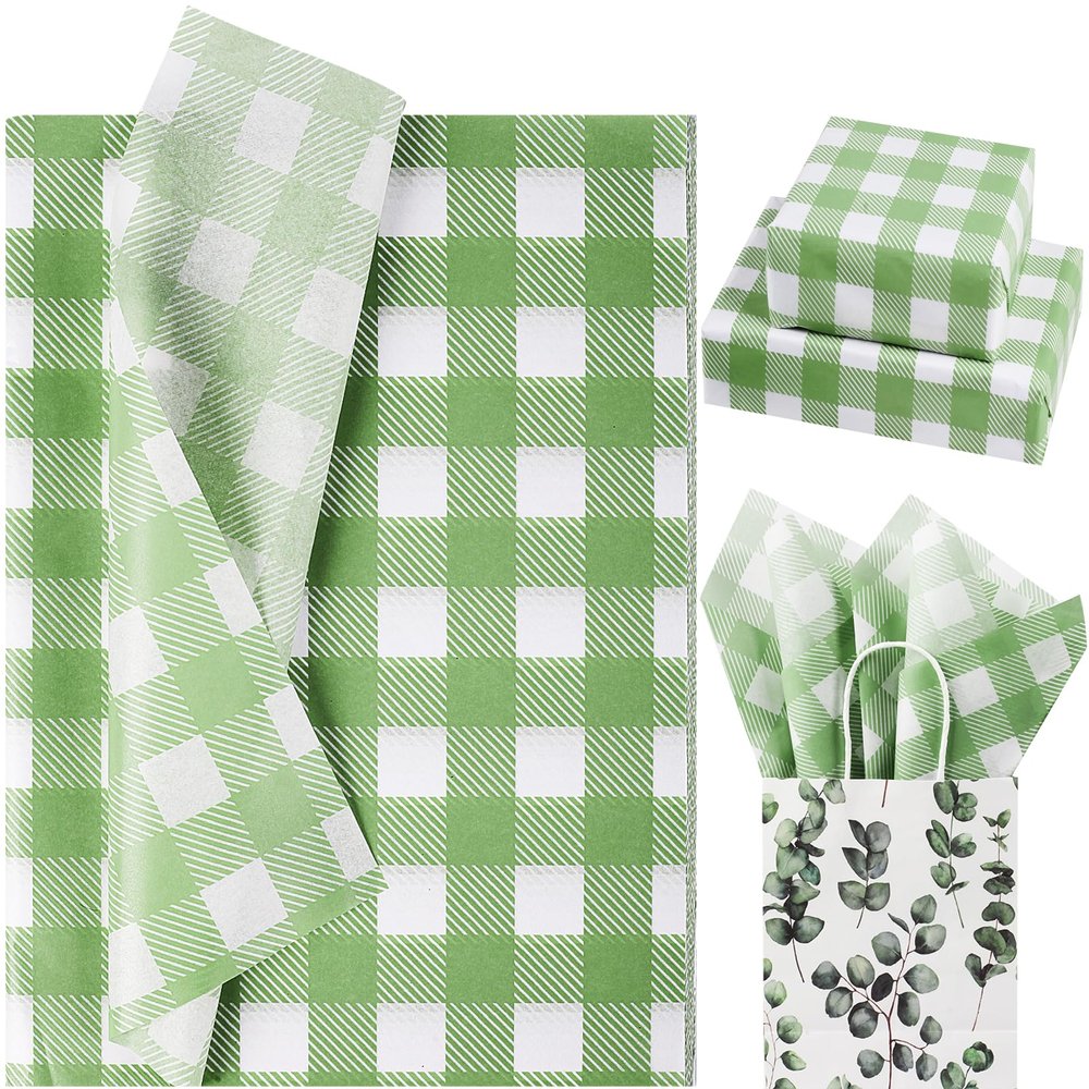100 Sheets 20 * 14 Inches Sage Green Buffalo Plaid Tissue Paper Mint Green Gingham Gift Wrapping Tissue for St. Patrick's Day Irish Holidays Wedding Birthday Baby Shower DIY Craft