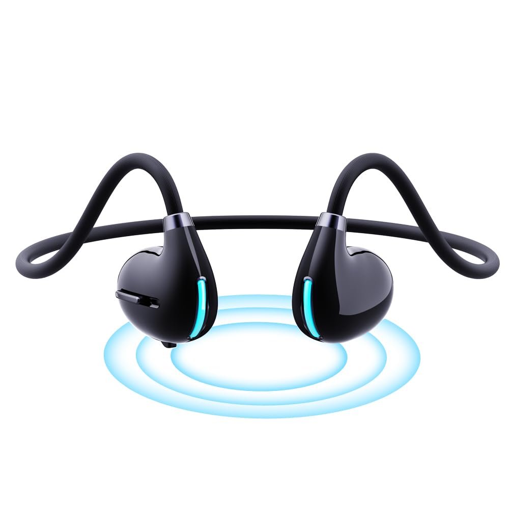 IHAO Open Ear Earbuds Air Conduction Headset Wireless Bluetooth Sport Headphones with Mic Earphone Lightweight Painless Wearing Sweatproof Earpiece Stereo Earphone for Running Hiking Bicycling-Black