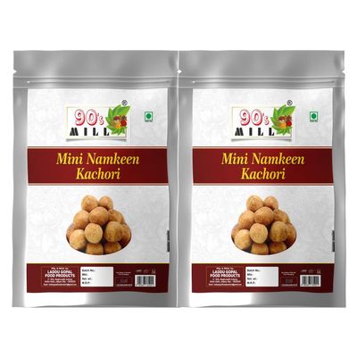 90's MILL Ready to Eat Snack Mini Kachauri Indian Namkeen Nashta | Dal Kachori Baked Masala Moong Mung Dal Gol Kachaudee | Mini Kachori for Evening Tea Time Snack Fry in Peanut oil-150g*2Pack
