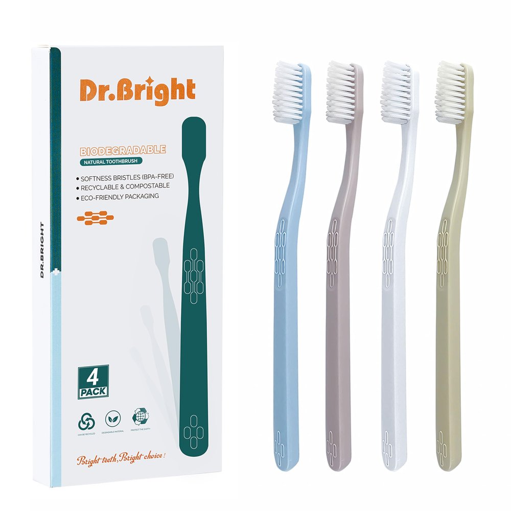 DR.BRIGHT Eco-Friendly Toothbrushes, Natural Biodegradable Toothbrushes, Soft Toothbrush for Adults, Recyclable Green & Compostable, Individual Packaging, Tooth Brush, 4 Pack