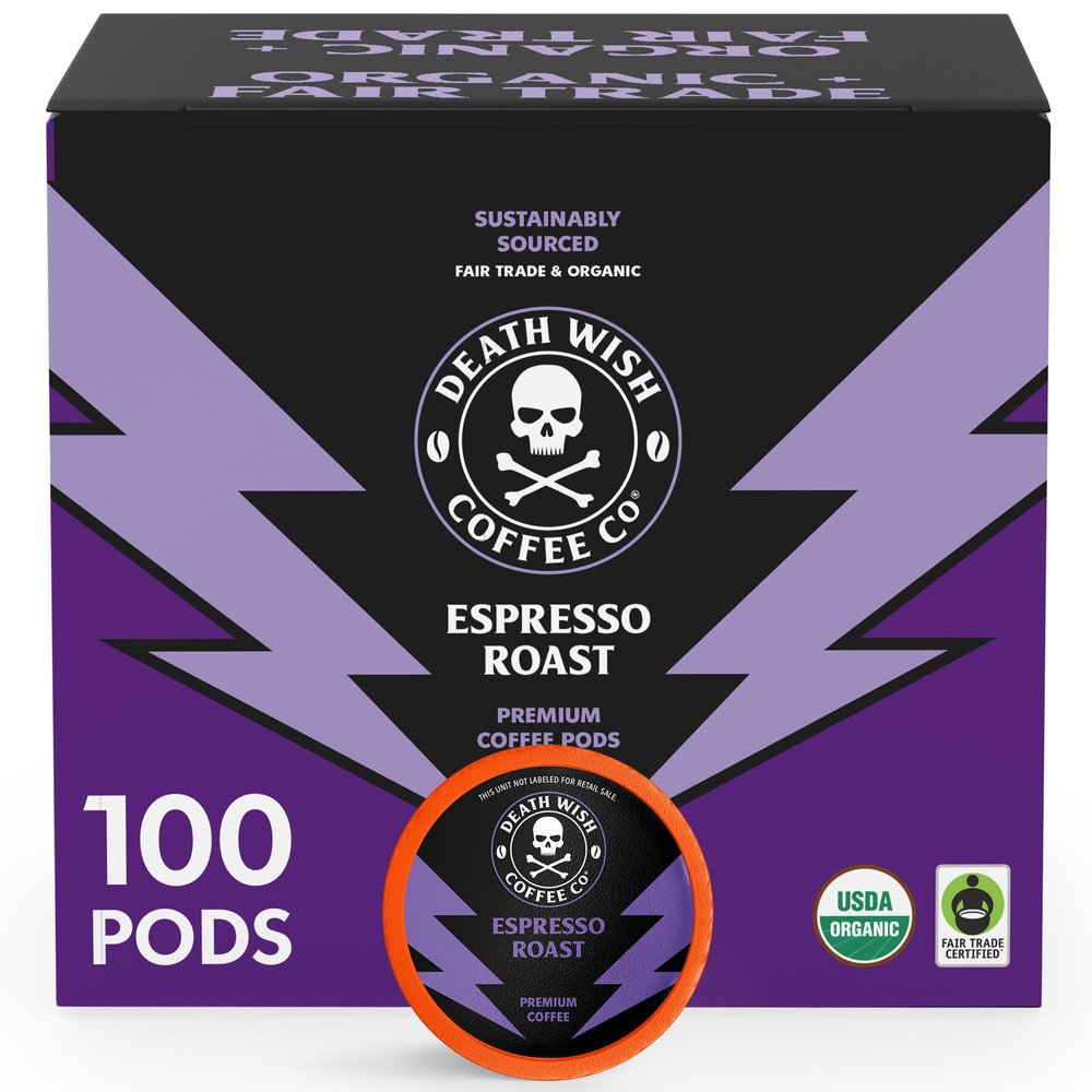 Death Wish Coffee - Single Serve Pods - Dark Roast Coffee Pods - Made with USDA Certified Organic - Extra Kick of Caffeine (100 Count (Pack of 1), Espresso Roast)