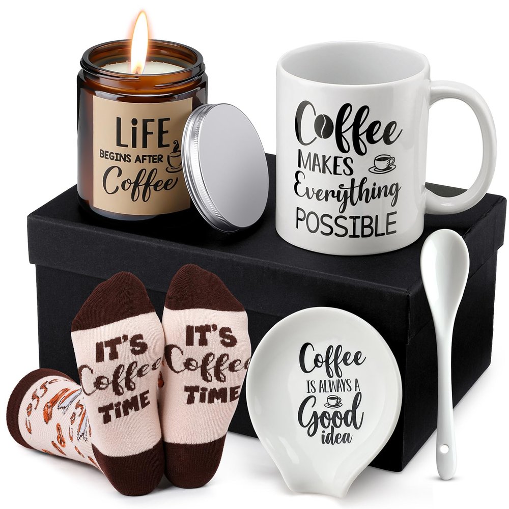 Vabean 5 Pieces Coffee Lover Gifts Set - Includes Mug and Spoon Rest Holder, Candle and Socks, Coffee Basket Valentine's Day Gift Idea for Men Women Birthday