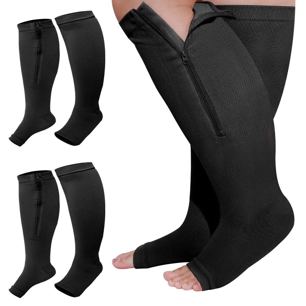 Hillban 2 Pair Plus Size Calf Zipper Compression Socks 15 to 20 Mmhg Open Toe Compression Stockings for Overweight Women Men(2 XL,Nude)
