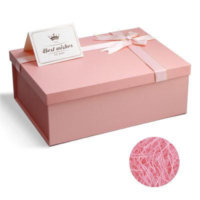 Eerbaier Pink Gift Box with Lid for Present, 11.3x8.2x4.1 Large Pink Gift Wrap Box, Shredded Paper Fill and Greeting Card, Ideal Present Box for Gift Giving