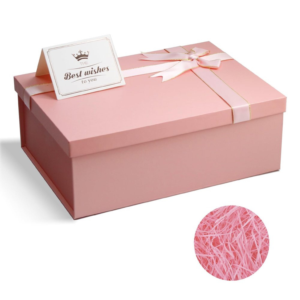 Eerbaier Pink Gift Box with Lid for Present, 11.3x8.2x4.1 Large Pink Gift Wrap Box, Shredded Paper Fill and Greeting Card, Ideal Present Box for Gift Giving