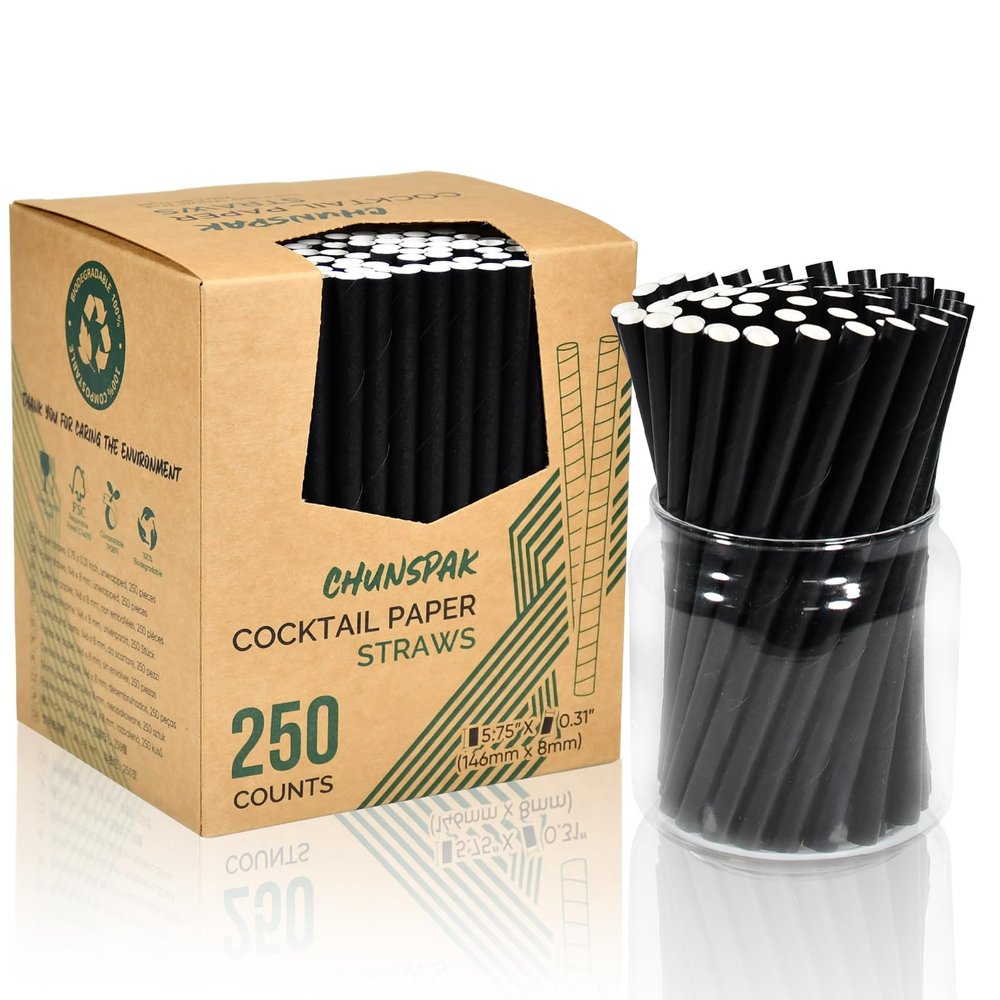 Chunspak 5.75 inch 8mm Wide Short Black Paper Drinking Straws Disposable for Lowball Glasses, Blended Cocktails, Margaritas, Bars, Restaurants - Unwrapped [250 Counts]