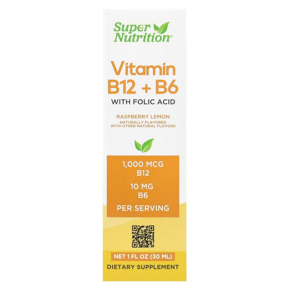 SuperNutrition Vitamin B12 as Cyanocobalamin with Vitamin B6 and Folic Acid, Raspberry Lemon, 1 fl oz (30 ml)