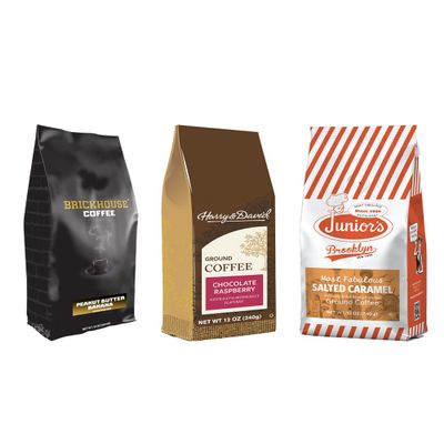 Flavor Blast Coffee Bundle Medium Roast with Brickhouse Peanut Butter Banana, Harry & David Chocolate Raspberry and Junior's Salted Caramel, Flavored Ground Coffee, (pack of 3)