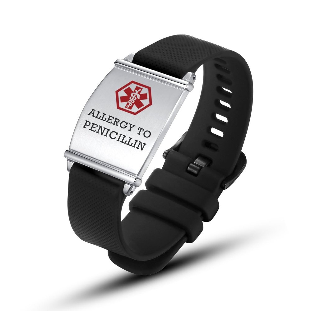 AOAMID Medical Alert Bracelets for Men Women Adjustable Free Engraving Sport Silicone Medical ID Bracelets 8.5 Inches (L-Black-allergy to penicillin)