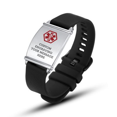 AOAMID Medical Alert Bracelets for Men Women Adjustable Free Engraving Sport Silicone Medical ID Bracelets 8.5 Inches (L-Black-customize)